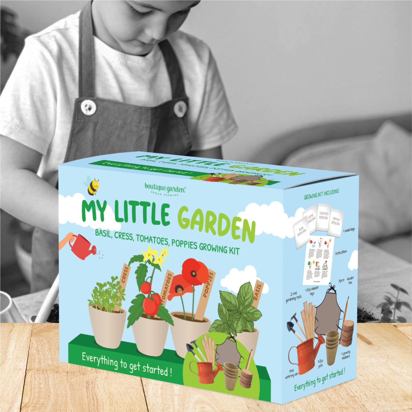 Kit jardinage enfant prêt à pousser boutique garden – Packaging et enfant qui jardine
