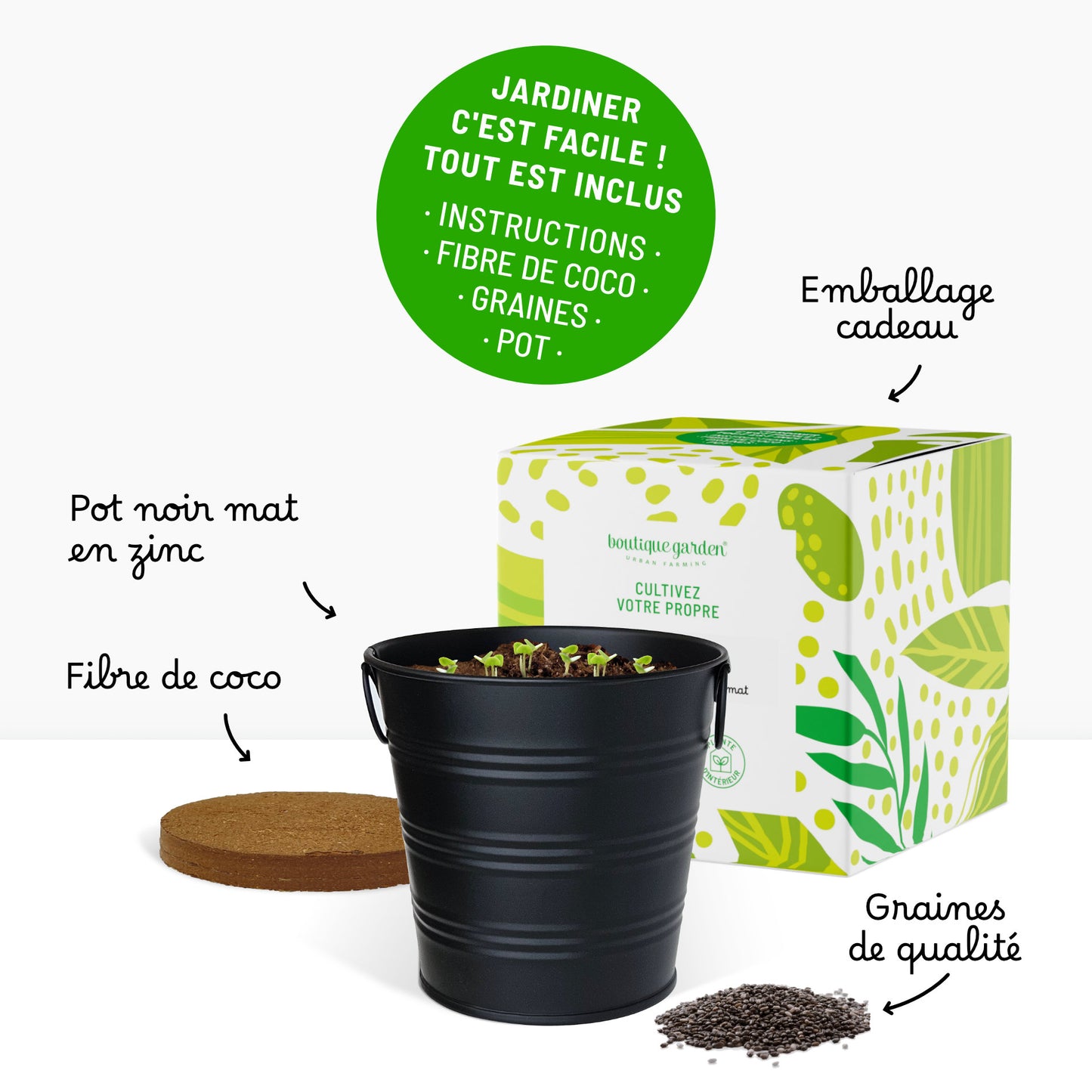 Kit prêt à pousser romarin, pot zinc noir mat