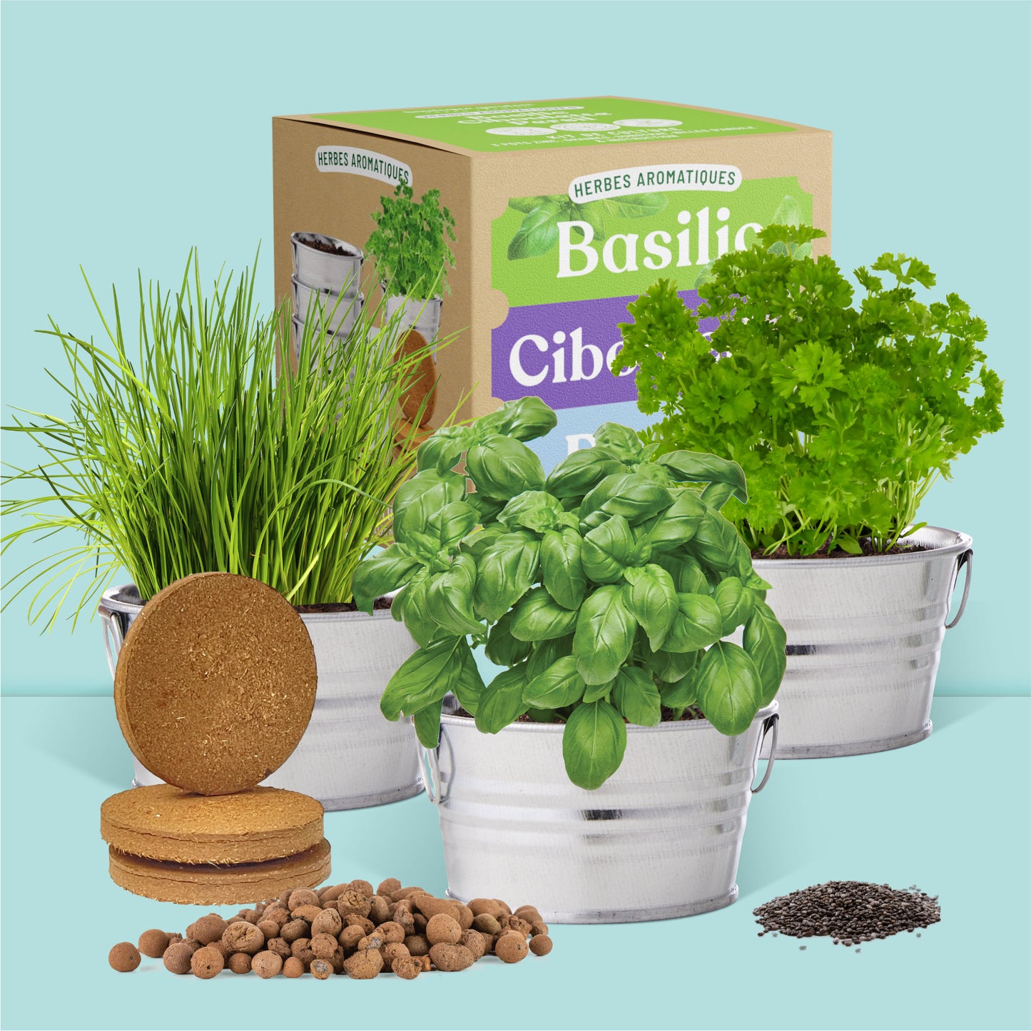 Pot prêt à pousser 3 pots zinc herbes aromatiques, basilic, ciboulette et persil