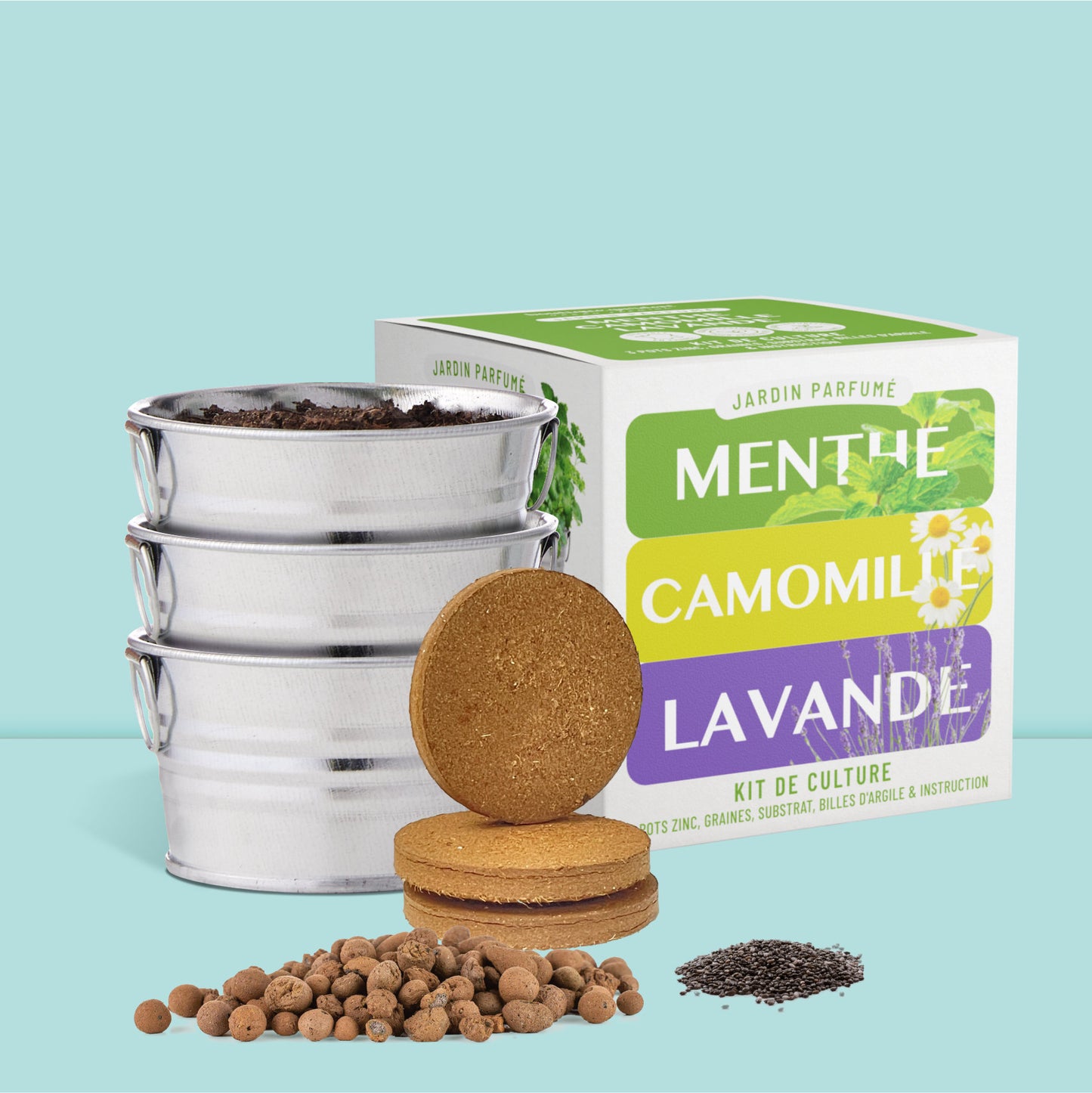 Coffret prêt à pousser jardin parfumé avec pots, graines, billes d'argile, substrat et emballage cadeau décoratif