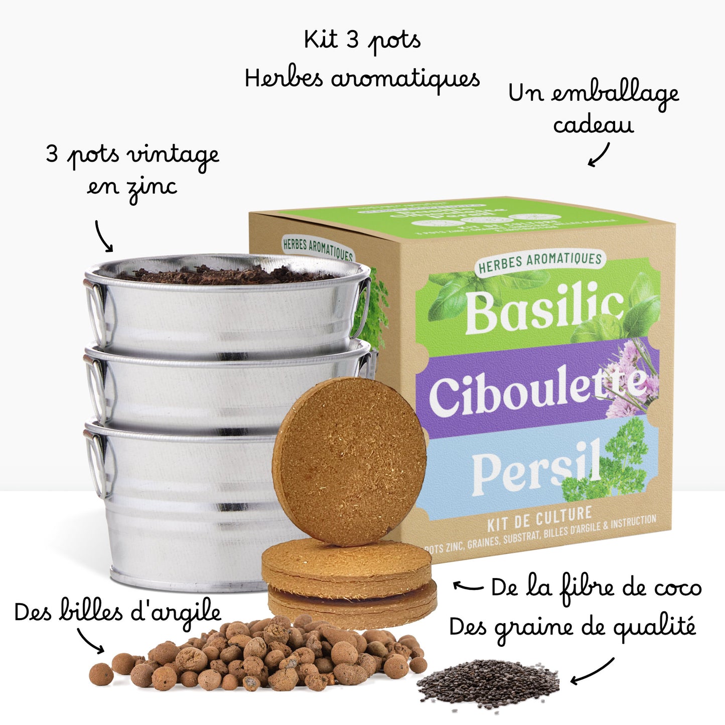 Kit prêt à pousser 3 pots zinc herbes aromatiques, basilic, ciboulette et persil