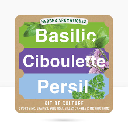 Kit prêt à pousser 3 pots zinc herbes aromatiques, basilic, ciboulette et persil