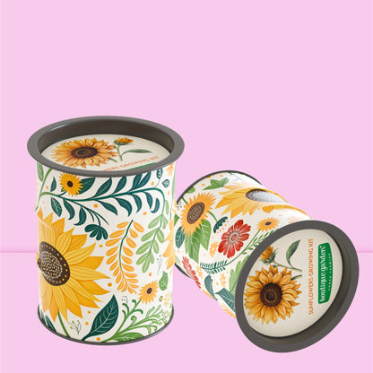 Kit prêt à pousser tournesol avec son pot en métal illustré.