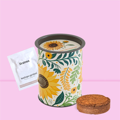 Contenu du kit de jardinage tournesol : pot en métal, sachet de graines et pastille de substrat.