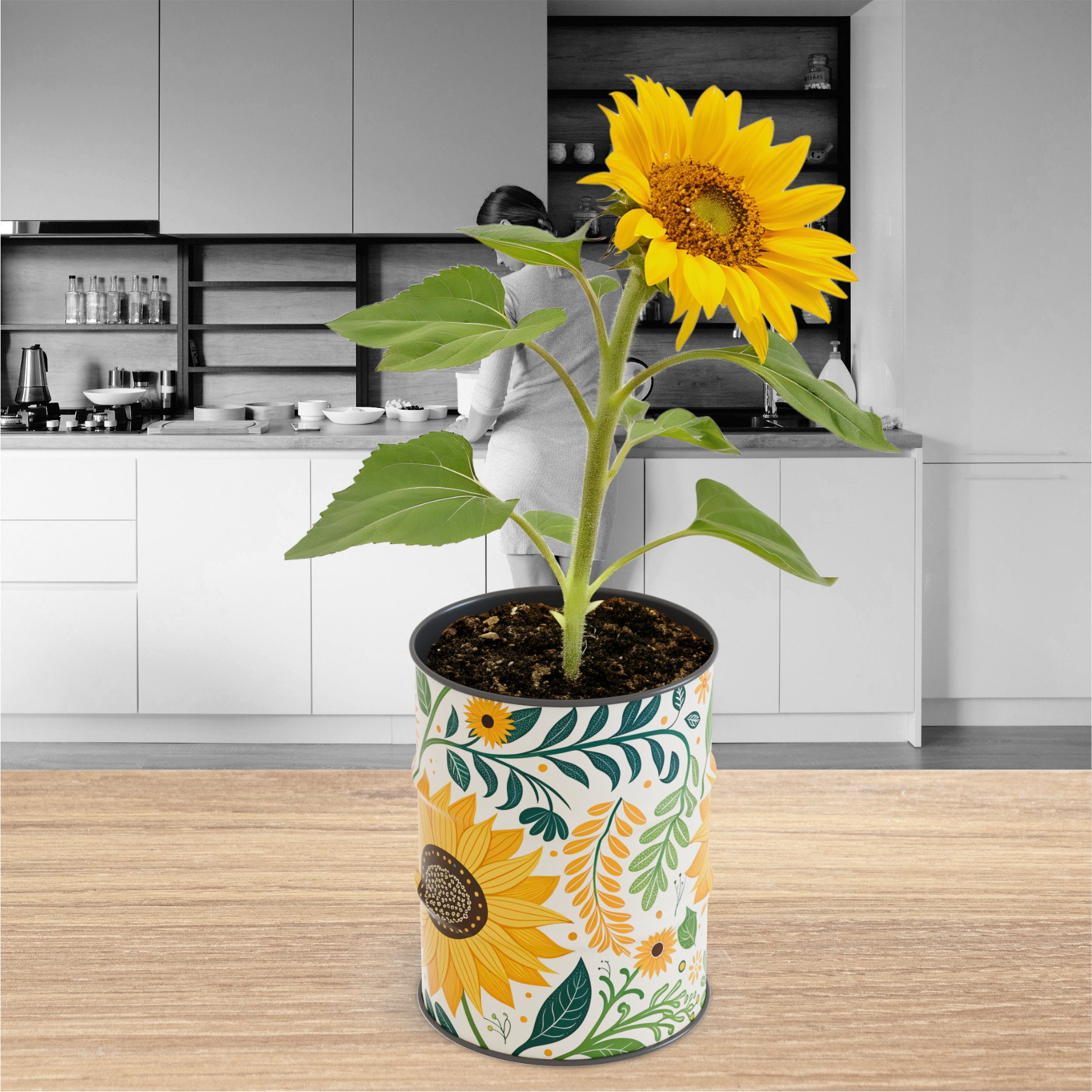 Pot de tournesol en fleur du kit posé sur une table en bois dans une cuisine lumineuse.