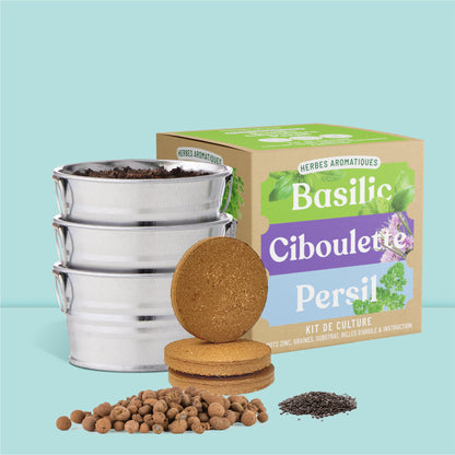 Pot prêt à pousser 3 pots zinc herbes aromatiques, basilic, ciboulette et persil