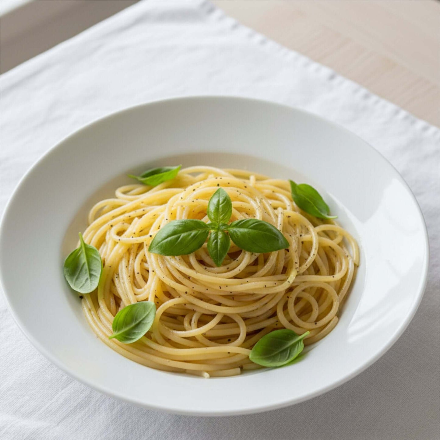 Spaghettis aux tomates garnis de feuilles de basilic frais pour un pesto maison ou une cuisine italienne.