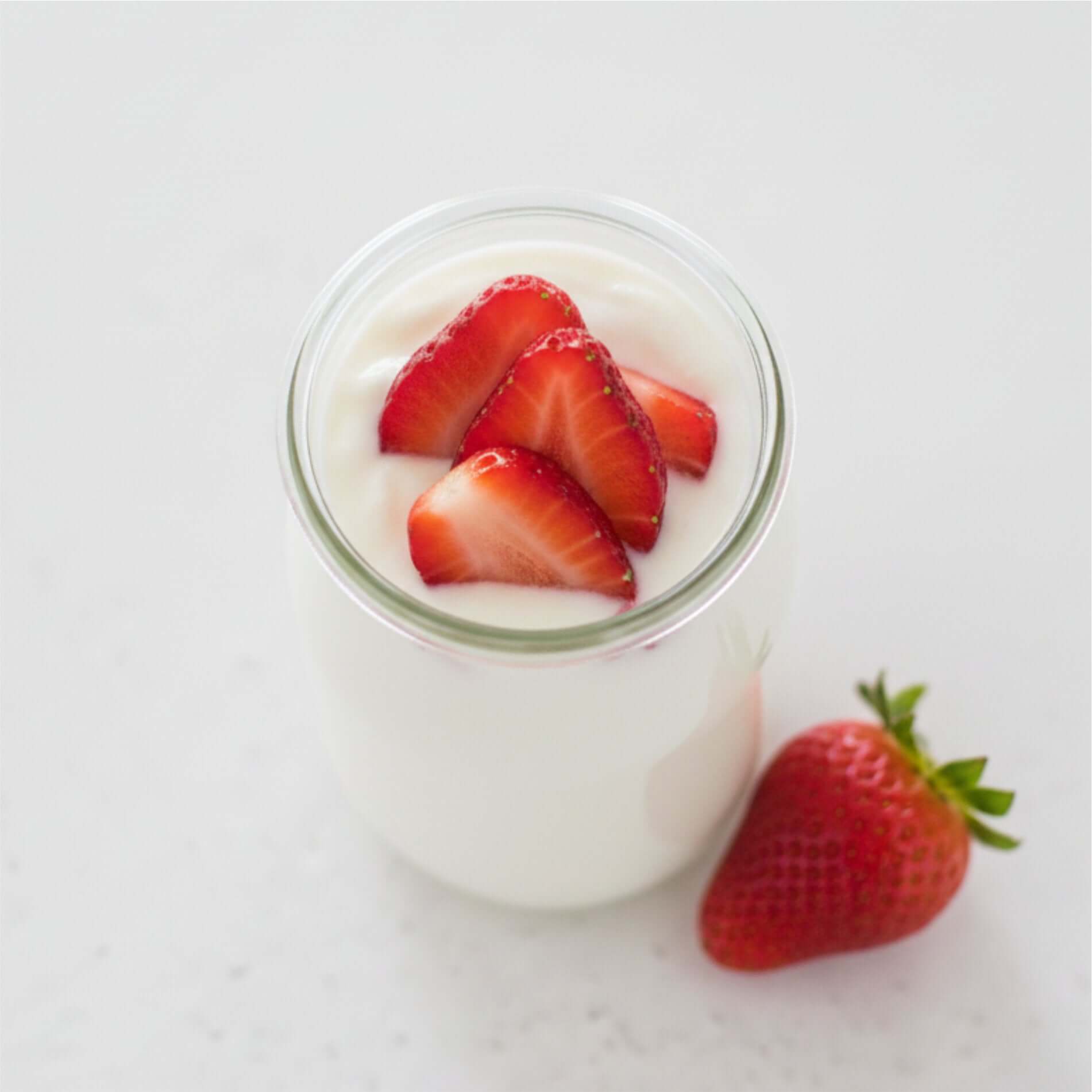 Dessert yaourt frais avec fraises cueillies maison du kit fraisier autonome.