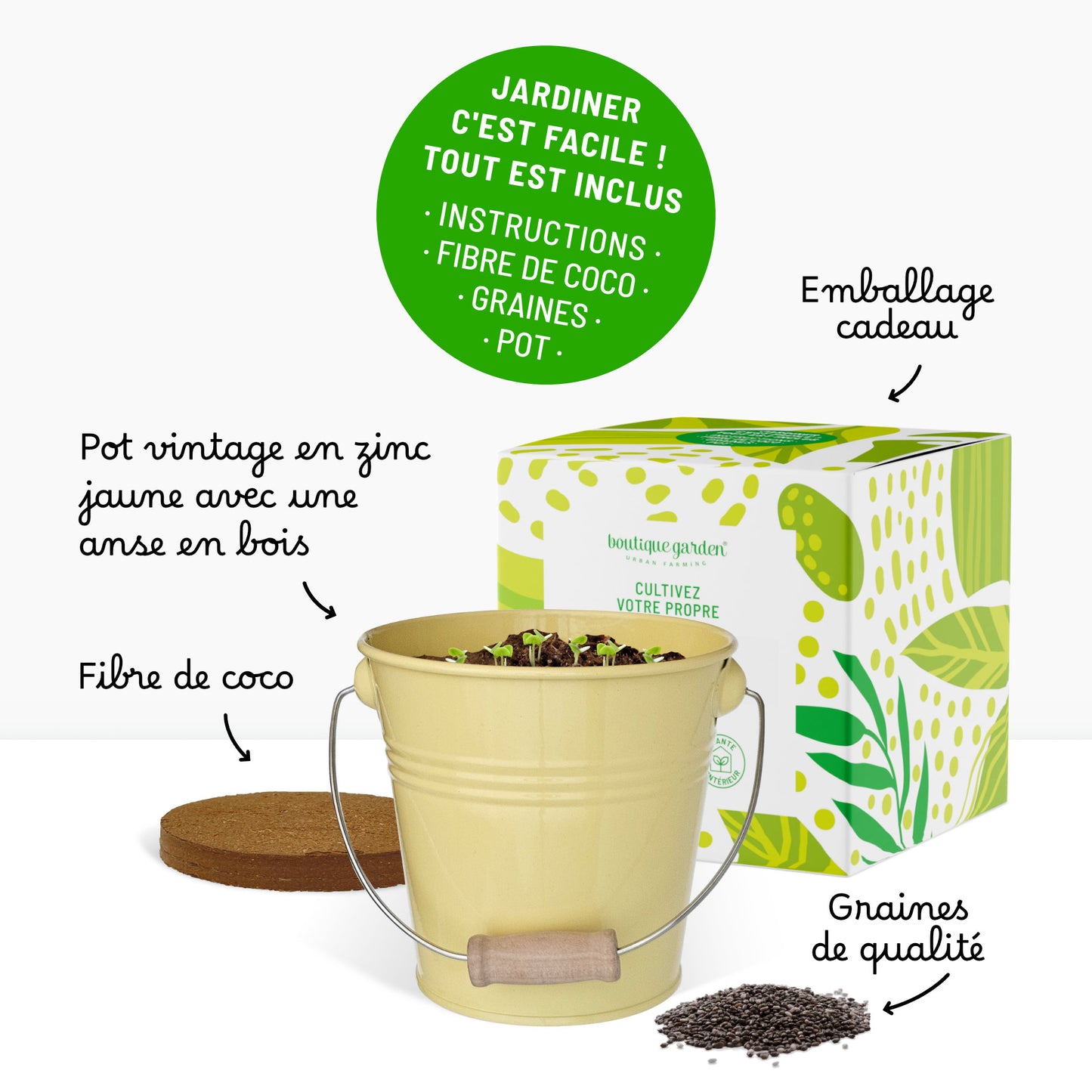Kit prêt à pousser tournesol, pot en zinc Jaune